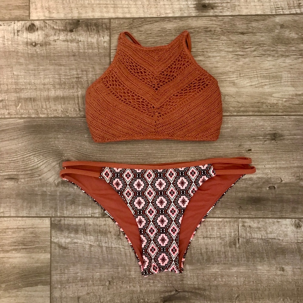 Crochet & Tribal Print Burnt Orange Swim Set